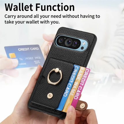 For Google Pixel 9 Pro XL Case Ring Holder Kickstand Card Slot Leather Phone Back Cover