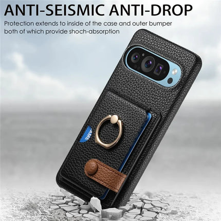 For Google Pixel 9 Pro XL Case Ring Holder Kickstand Card Slot Leather Phone Back Cover