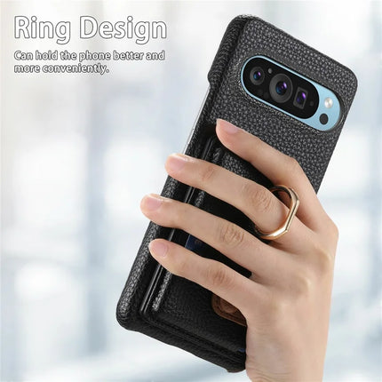 For Google Pixel 9 Pro XL Case Ring Holder Kickstand Card Slot Leather Phone Back Cover