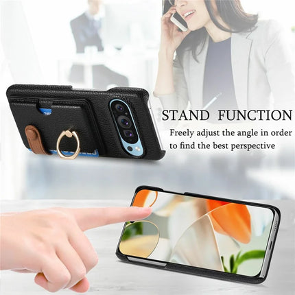 For Google Pixel 9 Pro XL Case Ring Holder Kickstand Card Slot Leather Phone Back Cover