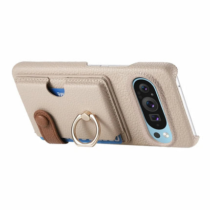 For Google Pixel 9 Pro XL Case Ring Holder Kickstand Card Slot Leather Phone Back Cover