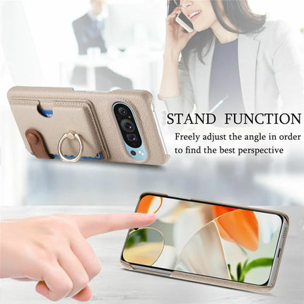 For Google Pixel 9 Pro XL Case Ring Holder Kickstand Card Slot Leather Phone Back Cover