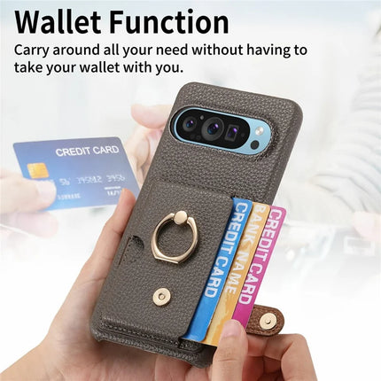 For Google Pixel 9 Pro XL Case Ring Holder Kickstand Card Slot Leather Phone Back Cover