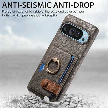 For Google Pixel 9 Pro XL Case Ring Holder Kickstand Card Slot Leather Phone Back Cover