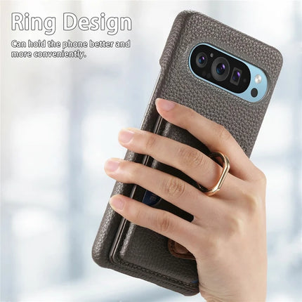 For Google Pixel 9 Pro XL Case Ring Holder Kickstand Card Slot Leather Phone Back Cover