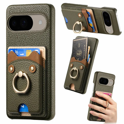 For Google Pixel 9 / 9 Pro Case Cute Bear Design PU Leather+TPU Card Holder Phone Cover - Dark Green