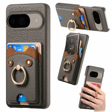 For Google Pixel 9 / 9 Pro Case Cute Bear Design PU Leather+TPU Card Holder Phone Cover - Grey