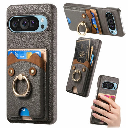 For Google Pixel 9 Pro XL Case Cute Bear Design PU Leather+TPU Card Holder Phone Cover - Grey