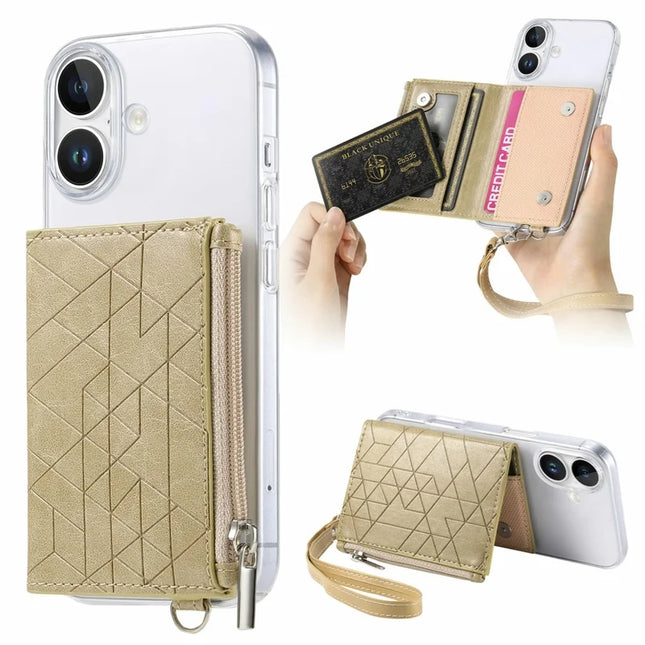 For iPhone 16 Clear Case Shockproof TPU Phone Cover with Kickstand Wallet - Khaki