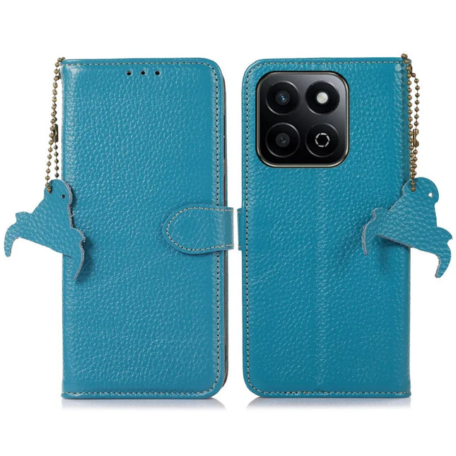 For Honor X7c 4G / 200 Smart 5G / Play 60 Plus 5G Case RFID Blocking Litchi Texture Genuine Cow Leather Phone Cover - Blue