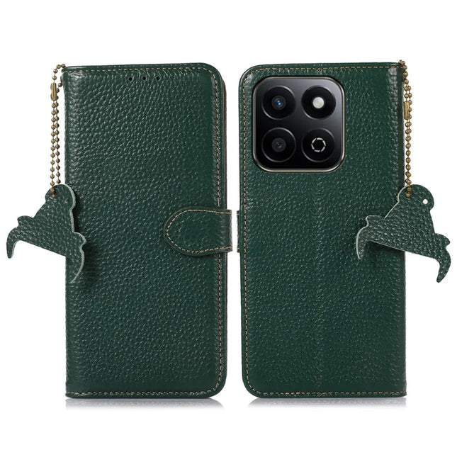For Honor X7c 4G / 200 Smart 5G / Play 60 Plus 5G Case RFID Blocking Litchi Texture Genuine Cow Leather Phone Cover - Green