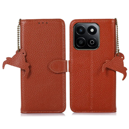 For Honor X7c 4G / 200 Smart 5G / Play 60 Plus 5G Case RFID Blocking Litchi Texture Genuine Cow Leather Phone Cover - Brown