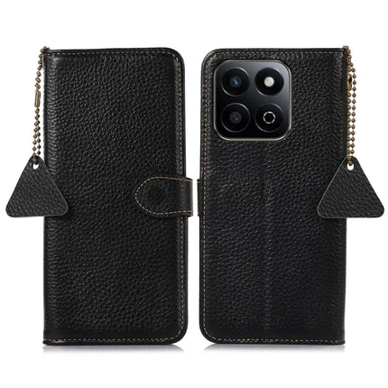 For Honor X7c 4G / 200 Smart 5G / Play 60 Plus 5G Case RFID Blocking Litchi Texture Genuine Cow Leather Phone Cover - Black