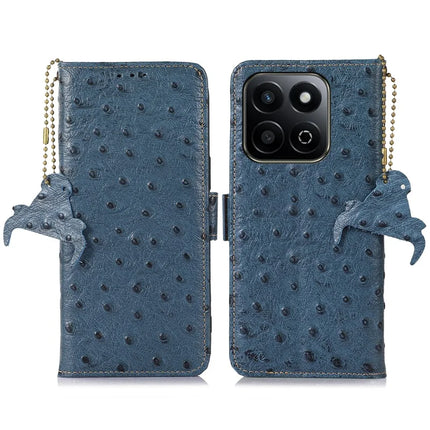 For Honor X7c 4G / 200 Smart 5G / Play 60 Plus 5G Case RFID Blocking Genuine Cow Leather Phone Case Ostrich Texture - Blue