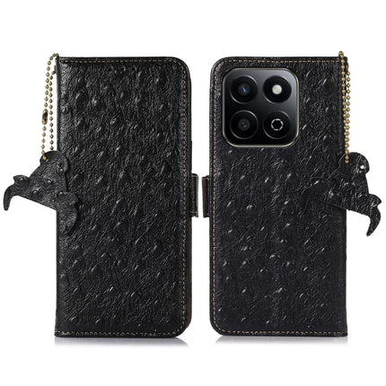 For Honor X7c 4G / 200 Smart 5G / Play 60 Plus 5G Case RFID Blocking Genuine Cow Leather Phone Case Ostrich Texture - Black