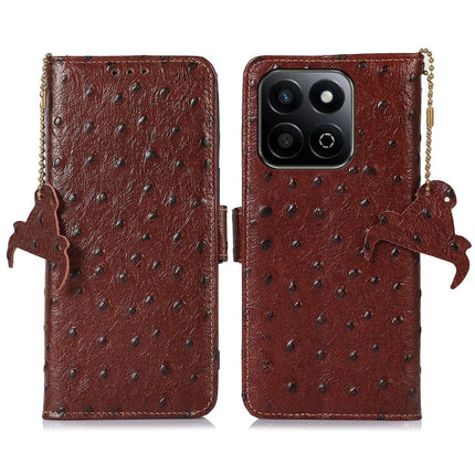 For Honor X7c 4G / 200 Smart 5G / Play 60 Plus 5G Case RFID Blocking Genuine Cow Leather Phone Case Ostrich Texture - Coffee
