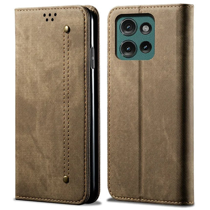 For Motorola Moto G75 5G Case Jeans Cloth Texture Anti-Scratch Leather Stand Phone Cover - Khaki