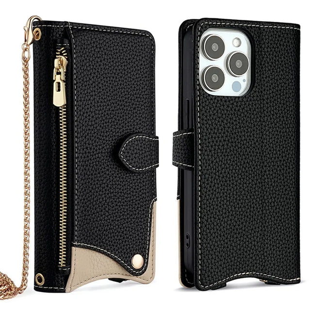 For iPhone 16 Pro Max Leather Case Wallet Stand Cover Irregular Tail Style with Chain Strap - Black