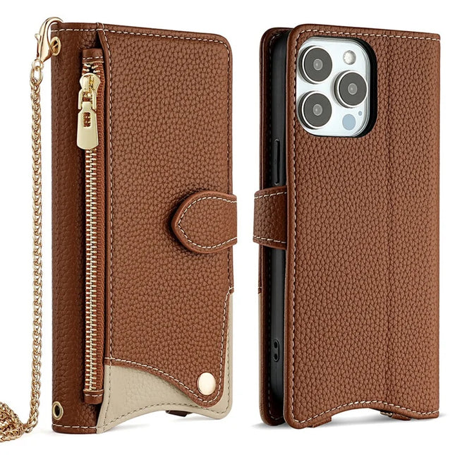 For iPhone 16 Pro Max Leather Case Wallet Stand Cover Irregular Tail Style with Chain Strap - Brown