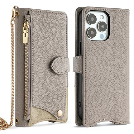For iPhone 16 Pro Max Leather Case Wallet Stand Cover Irregular Tail Style with Chain Strap - Grey