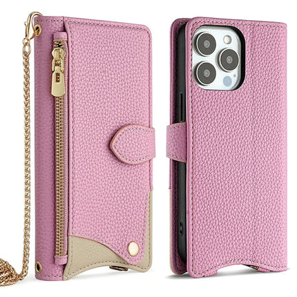 For iPhone 16 Pro Max Leather Case Wallet Stand Cover Irregular Tail Style with Chain Strap - Pink