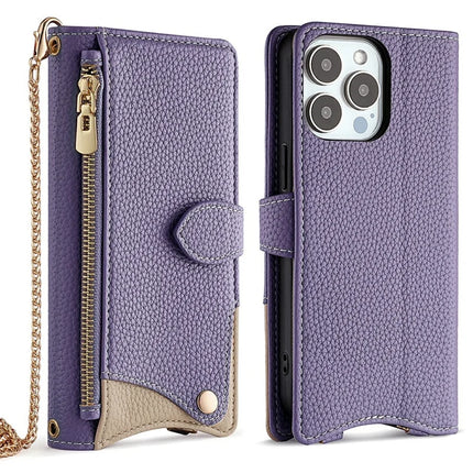 For iPhone 16 Pro Max Leather Case Wallet Stand Cover Irregular Tail Style with Chain Strap - Purple