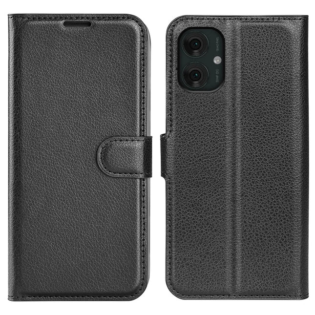 For Motorola Moto G55 5G Case Litchi Texture Shockproof Leather Wallet Phone Cover - Black