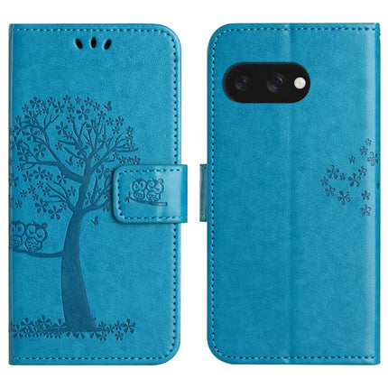 For Google Pixel 9a Case PU Leather Owl Tree Imprinted Wallet Phone Cover - Blue