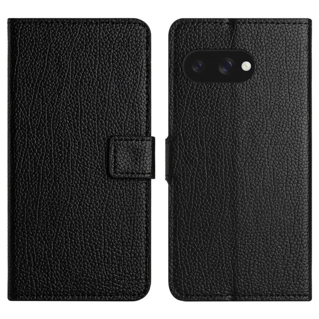For Google Pixel 9a Case PU Leather Wallet Phone Cover Litchi Texture, Black