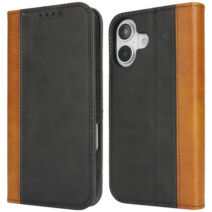 For iPhone 16 Plus Case Calf Texture 3 Card Slots Color Splicing Leather Phone Cover - Black+Yellow