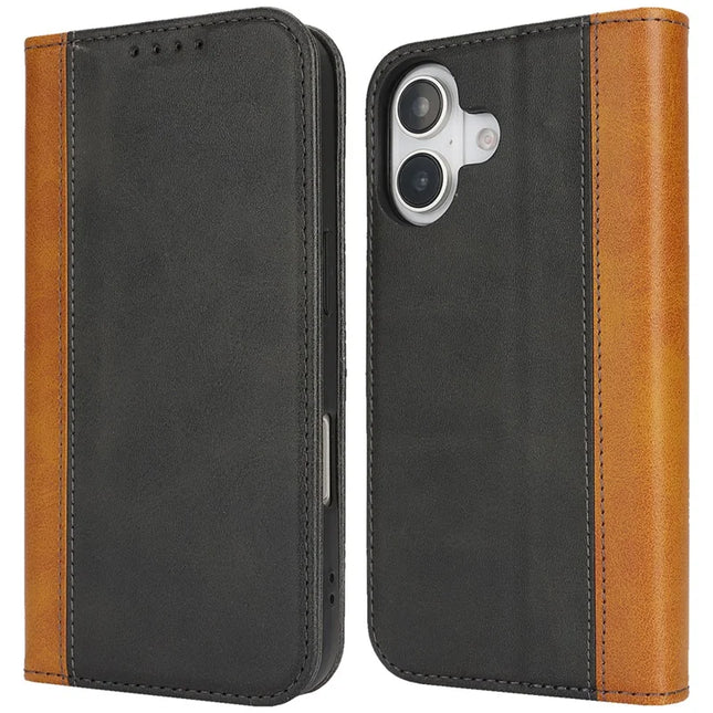For iPhone 16 Plus Case Calf Texture 3 Card Slots Color Splicing Leather Phone Cover - Black+Yellow