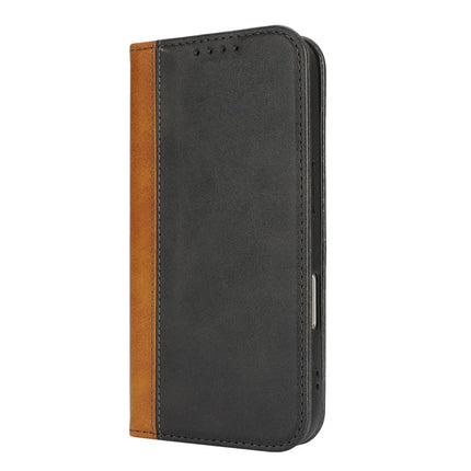 For iPhone 16 Plus Case Calf Texture 3 Card Slots Color Splicing Leather Phone Cover