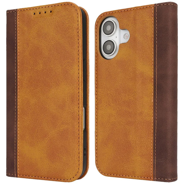 For iPhone 16 Plus Case Calf Texture 3 Card Slots Color Splicing Leather Phone Cover - Yellow+Brown