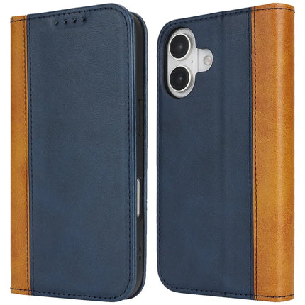 For iPhone 16 Plus Case Calf Texture 3 Card Slots Color Splicing Leather Phone Cover - Blue+Yellow