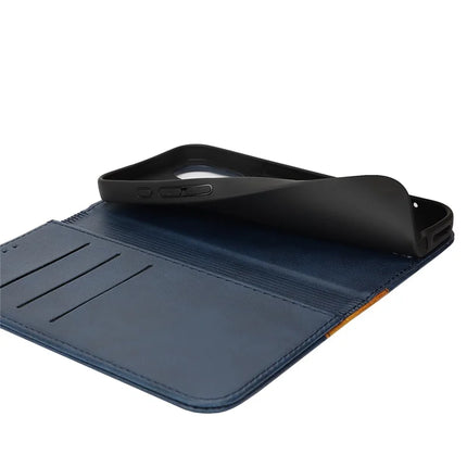 For iPhone 16 Plus Case Calf Texture 3 Card Slots Color Splicing Leather Phone Cover