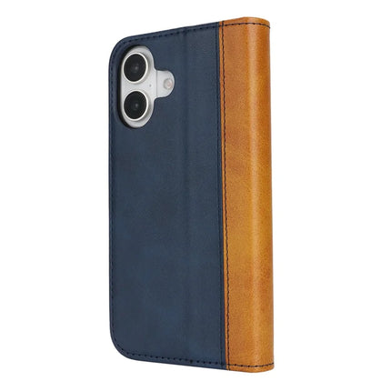 For iPhone 16 Plus Case Calf Texture 3 Card Slots Color Splicing Leather Phone Cover