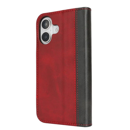 For iPhone 16 Plus Case Calf Texture 3 Card Slots Color Splicing Leather Phone Cover
