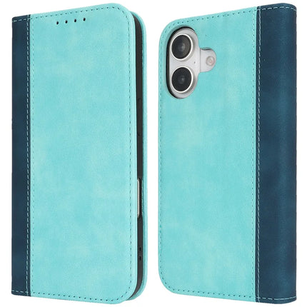 For iPhone 16 Plus Case Calf Texture 3 Card Slots Color Splicing Leather Phone Cover - Light Blue+Dark Blue
