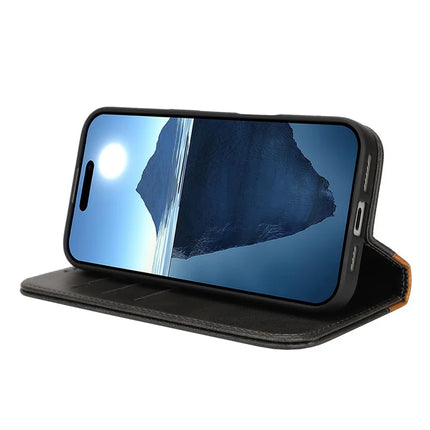 For iPhone 16 Pro Max Case Calf Texture 3 Card Slots Color Splicing Leather Phone Cover