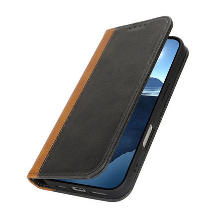 For iPhone 16 Pro Max Case Calf Texture 3 Card Slots Color Splicing Leather Phone Cover