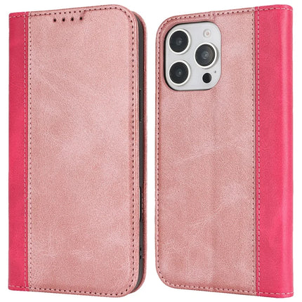 For iPhone 16 Pro Max Case Calf Texture 3 Card Slots Color Splicing Leather Phone Cover - Rose Gold+Rose