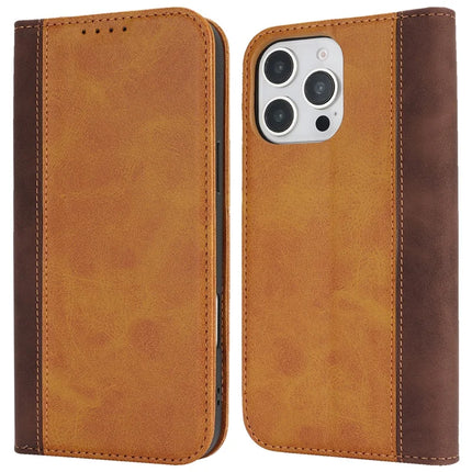 For iPhone 16 Pro Case Calf Texture 3 Card Slots Color Splicing Leather Phone Cover - Yellow+Brown