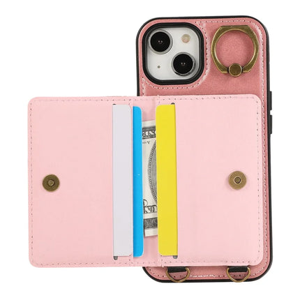 For iPhone 14 PU Leather Back Case Card Holder Kickstand Phone Cover with Wrist Strap