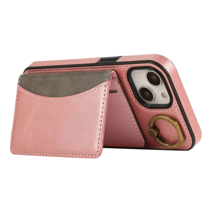 For iPhone 14 PU Leather Back Case Card Holder Kickstand Phone Cover with Wrist Strap