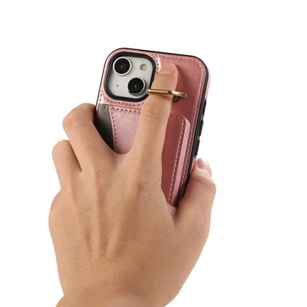 For iPhone 14 PU Leather Back Case Card Holder Kickstand Phone Cover with Wrist Strap