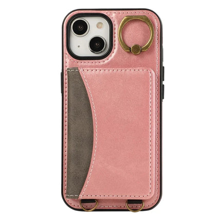 For iPhone 14 PU Leather Back Case Card Holder Kickstand Phone Cover with Wrist Strap