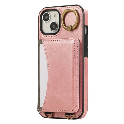 For iPhone 14 PU Leather Back Case Card Holder Kickstand Phone Cover with Wrist Strap