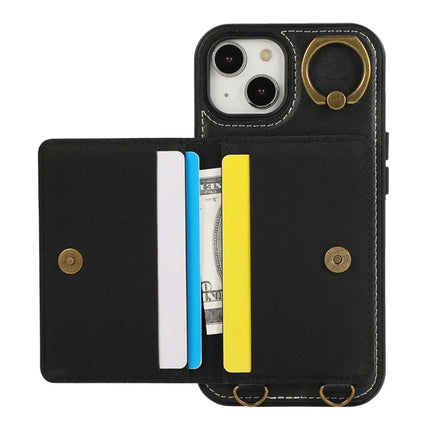 For iPhone 14 PU Leather Back Case Card Holder Kickstand Phone Cover with Wrist Strap