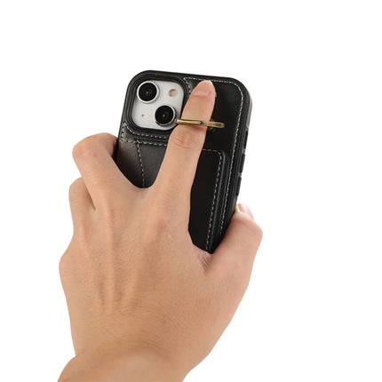 For iPhone 14 PU Leather Back Case Card Holder Kickstand Phone Cover with Wrist Strap