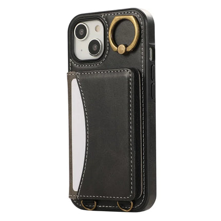 For iPhone 14 PU Leather Back Case Card Holder Kickstand Phone Cover with Wrist Strap